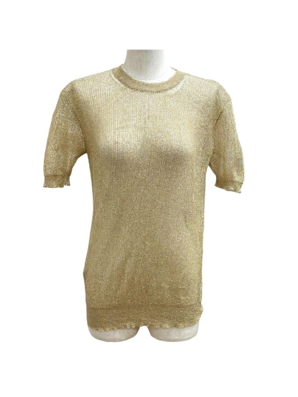Prada Triangle Logo Mesh Crew Neck Short Sleeve Knit Gold Sweater 38